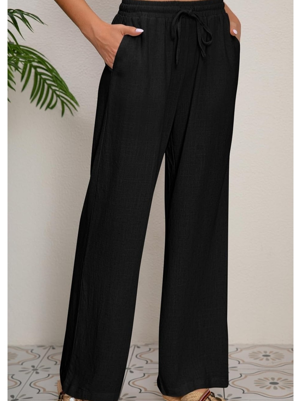 Women's Black Drawstring Wide-Leg Pants Size Medium